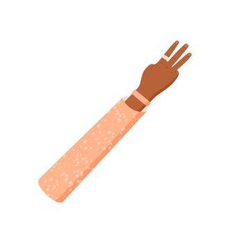 Flat cartoon hand gesture showing three fingers. Human hand with finger pose signaling the number three. Brown with sleeve up, isolated for count or math design. vector