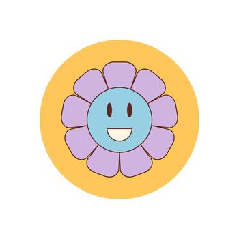 Groovy y2k flower sticker with daisy face in cartoon graphic style. Yellow badge with retro smile makes a playful seal for package, fun graphic for positive label or creative groovy element. vector