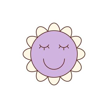 Groovy retro flower face with cute smile in cartoon graphic style sticker. Purple character as happy patch sticker, playful y2k groovy element, perfect for cheerful pop art and decorative use. vector