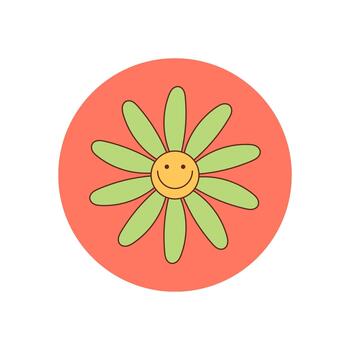 Groovy cartoon daisy sticker with retro flower and happy yellow smile in cute patch style. Funky y2k groovy element as seal or label for package, cheerful accent for fun product. vector