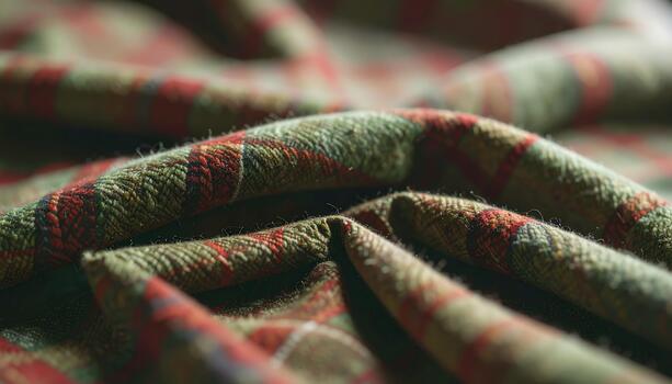 Close-up of Folded Plaid Fabric with Red and Green Pattern, Textile Texture, Macro Shot. photo