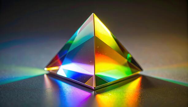 Crystal Prism Refracting Light into Rainbow Spectrum on Dark Surface. photo