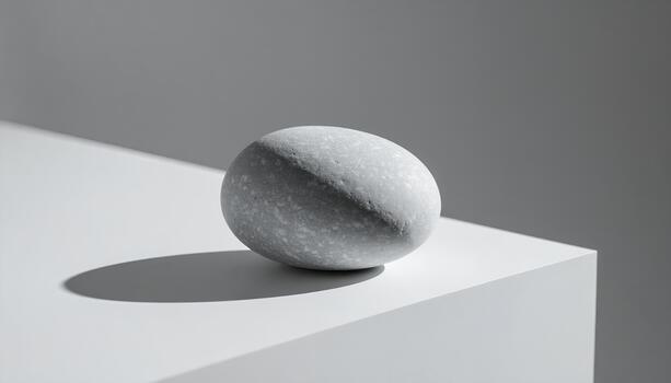 Smooth Gray Stone on White Cube with Shadow, Minimalist Still Life. photo