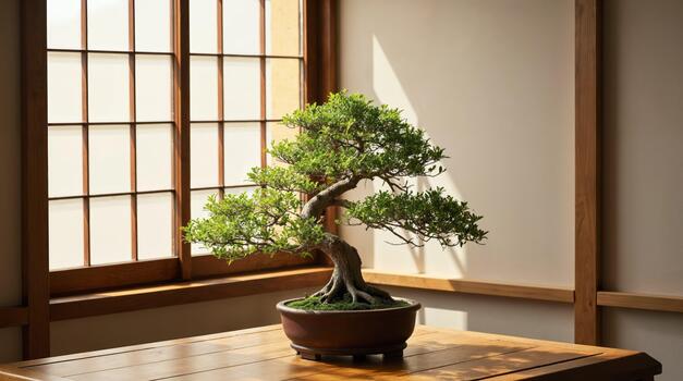 Bonsai tree in a pot on a table in front of a window photo