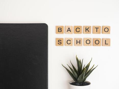 Back to school written in wooden blocks on a white background. The blocks are arranged in such a way as to form the words Back to School between the book objects and flowers as decoration. photo