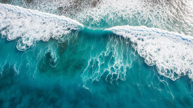 aéreo ver de poderoso Oceano olas estrellarse en el costa, creando blanco espuma y turquesa agua patrones foto