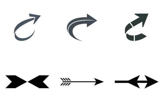 A set of six distinct arrow graphics showcasing various styles and directions, presented against a white background. vector