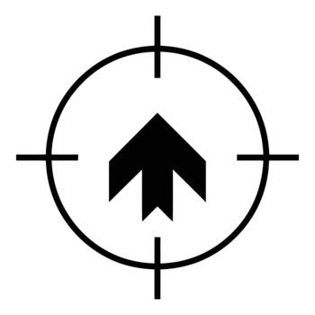 A bold black arrow points directly upwards, centered within a circular target reticle with crosshairs. Represents focus, direction, or a goal. vector