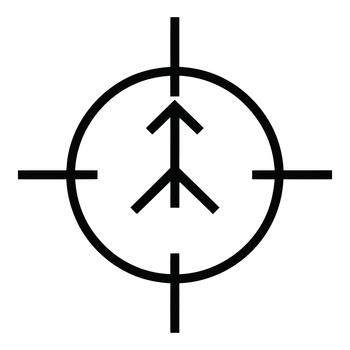 A black and white schematic symbol representing a target reticle with an upward pointing arrow within a circle. vector