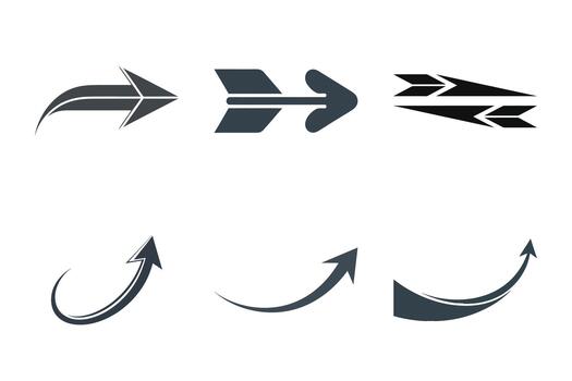 A graphic design featuring six distinct arrow symbols arranged in two rows, showcasing various styles and directions. vector