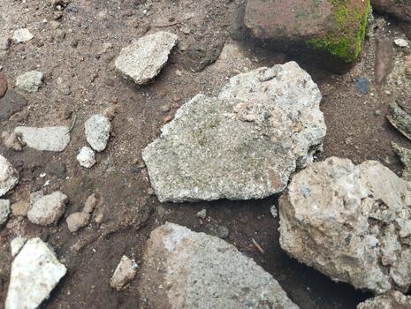 Detailed image of cracked concrete with a rough texture and broken structure, in natural light. Used as AI computer vision data. photo