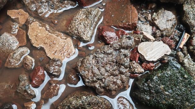 Detailed photo of a gravel surface with a rough texture. Natural light without excessive editing. Supports realistic visual AI datasets.