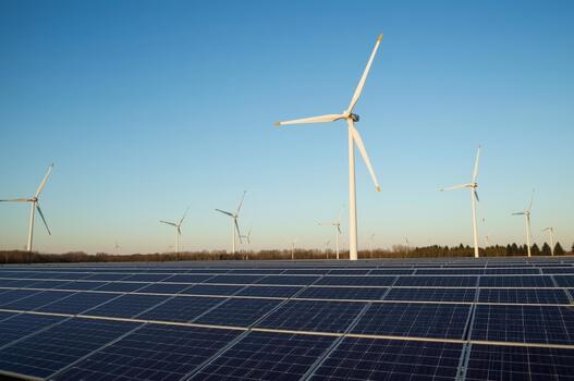 Renewable energy sources combine solar panels and wind turbines in harmony photo