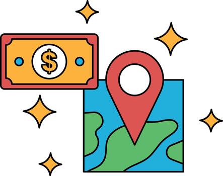 A dollar bill is on top of a map with a pin on it vector