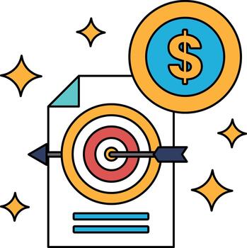 A dollar sign is on top of a piece of paper with a target on it vector