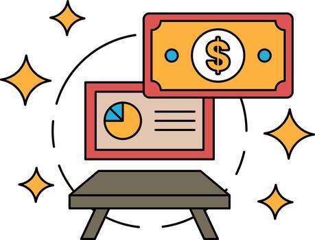 A dollar bill is shown with a pie chart on a table vector