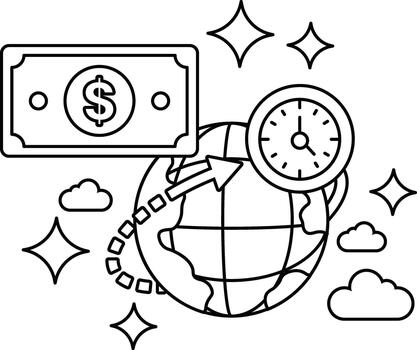 A drawing of a globe with a dollar bill and a clock on it vector