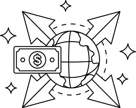 A drawing of a globe with a dollar bill on it vector