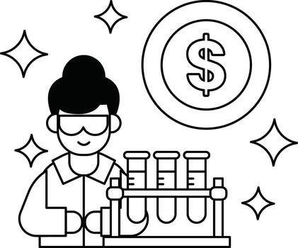 A man in a lab coat holding a beaker with a dollar sign in the background vector