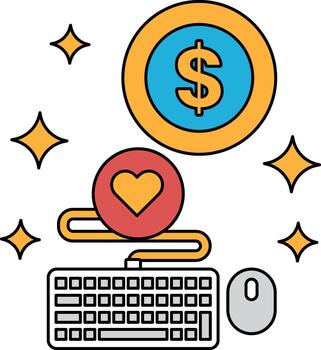 A black and white image of a keyboard and a mouse with a dollar sign and a heart vector