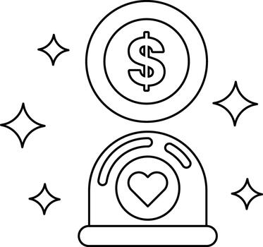 A coin with a dollar sign on it is placed on top of a heart vector