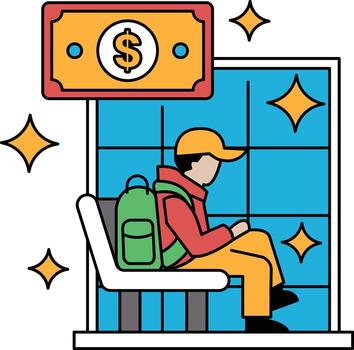A man sits on a bench with a backpack and a dollar bill in front of him vector