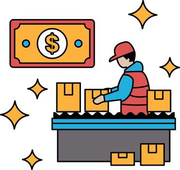 A man is working in a factory with boxes and a bill vector