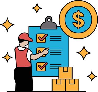 A man is standing in front of a clipboard with a dollar sign on it vector