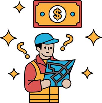 A man is looking at a piece of paper with a dollar sign on it vector