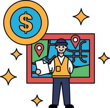 un hombre es en pie en frente de un mapa con un dólar firmar en el antecedentes vector