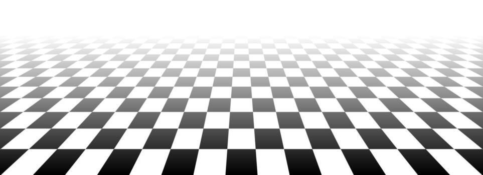 Checkerboard floor fading in perspective. Black and white vanishing checkered tile pattern background. Vintage empty room stage checker floor. Retro horizontal chess board grid plane surface vector