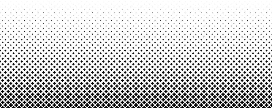 Fading cross shape gradient pattern. Abstract plus sign gradation background. Transition pattern bg. Black and white geometric halftone wallpaper for graphic design, poster, medical banner vector