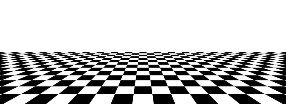 Black and white checkerboard floor in perspective. Fading checkered tile pattern background. Retro horizontal chess board grid plane surface. vintage empty room stage checker floor vector