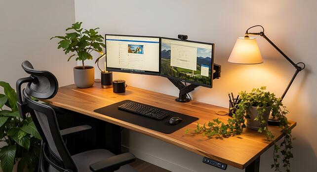 A desk with two monitors and a computer photo