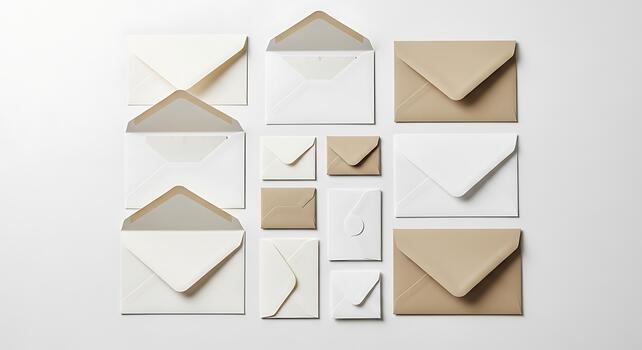 surtido de varios tamaño sobres en neutral tonos blanco y beige arreglado para diseño y comunicación conceptos foto