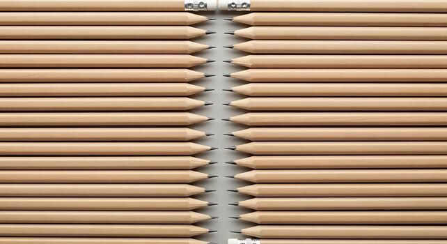 Neatly Arranged Rows of Sharpened Pencils Facing Each Other in a Symmetrical Pattern photo