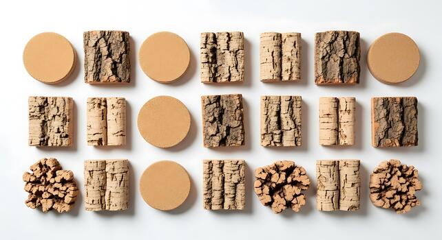 Assorted cork pieces and disks arranged on a white surface photo
