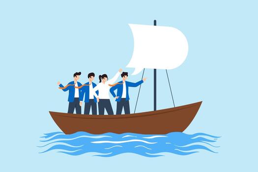 Flat illustration of business team on boat with speech bubble sail following leader direction symbolizing teamwork guidance and vision toward success vector