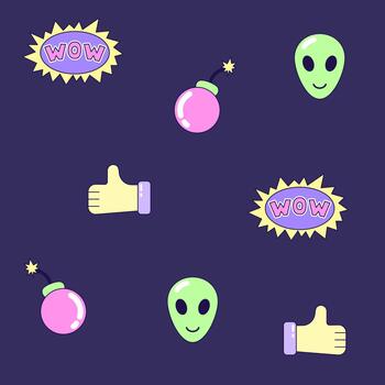 Seamless pattern with vintage bomb and alien in style of 90s. Multicolored elements on dark background. Retro illustration with outline in 90s style. illustration. vector