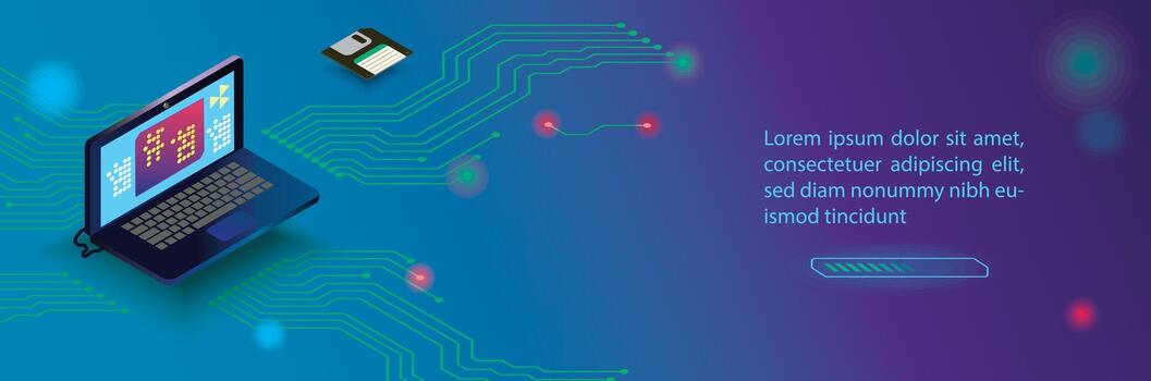 Isometric laptop with digital circuit network and data transfer concept banner vector