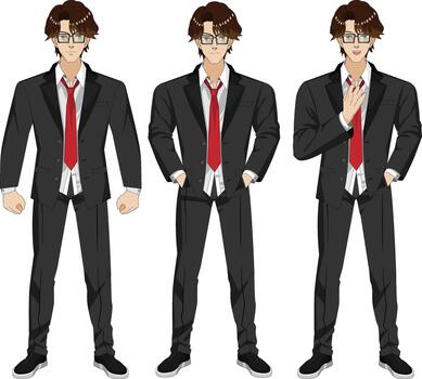hombre en traje frente ver con diferente poses y expresión vector