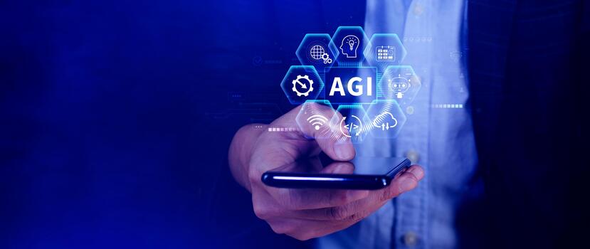 AGI concept, Artificial general intelligence, AI knowledge learning technology, AGI is the future of modern world, combination of humans and AI photo