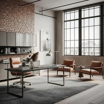 Modern office interior with a large window, comfortable seating, and a desk, creating a stylish and productive workspace photo