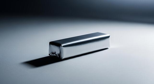 A sleek, metallic rectangular object casting a sharp shadow on a smooth, subtly lit surface photo