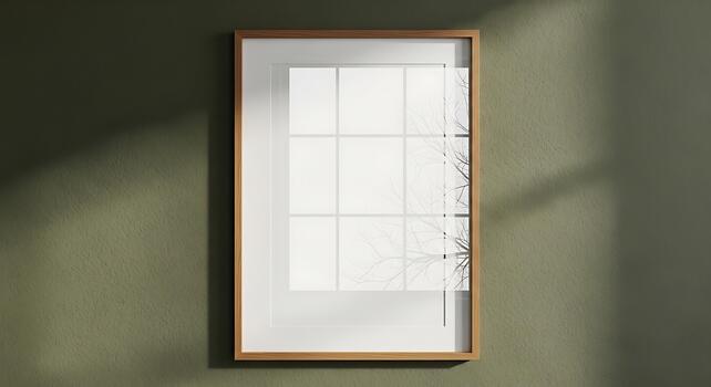 Empty picture frame with a grid layout, casting shadows on a textured wall photo