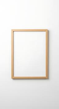 A simple, empty wooden picture frame with a clean white background, perfect for displaying art or photographs photo