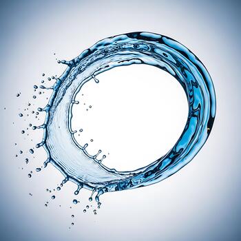 Dynamic splash of clear blue water forming a circular shape with droplets, captured midmotion against a soft gradient background photo