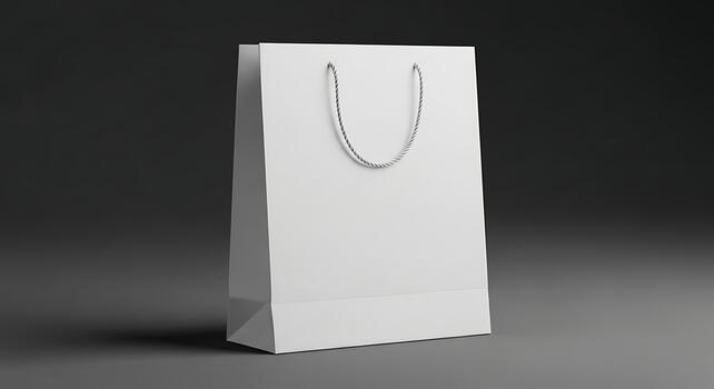 un llanura blanco papel regalo bolso con un plata cuerda manejar, presentado en contra un oscuro, sutilmente iluminado fondo, enfatizando sus sencillo elegancia y potencial para personalización foto