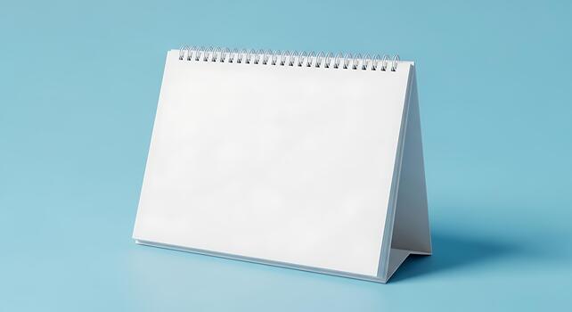 A blank white desk calendar with a spiral binding, ready for notes and scheduling, set against a light blue background photo