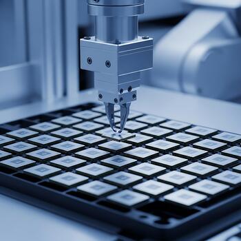 Automated robotic arm precisely placing microchips on a circuit board, showcasing advanced technology in semiconductor manufacturing and electronics photo